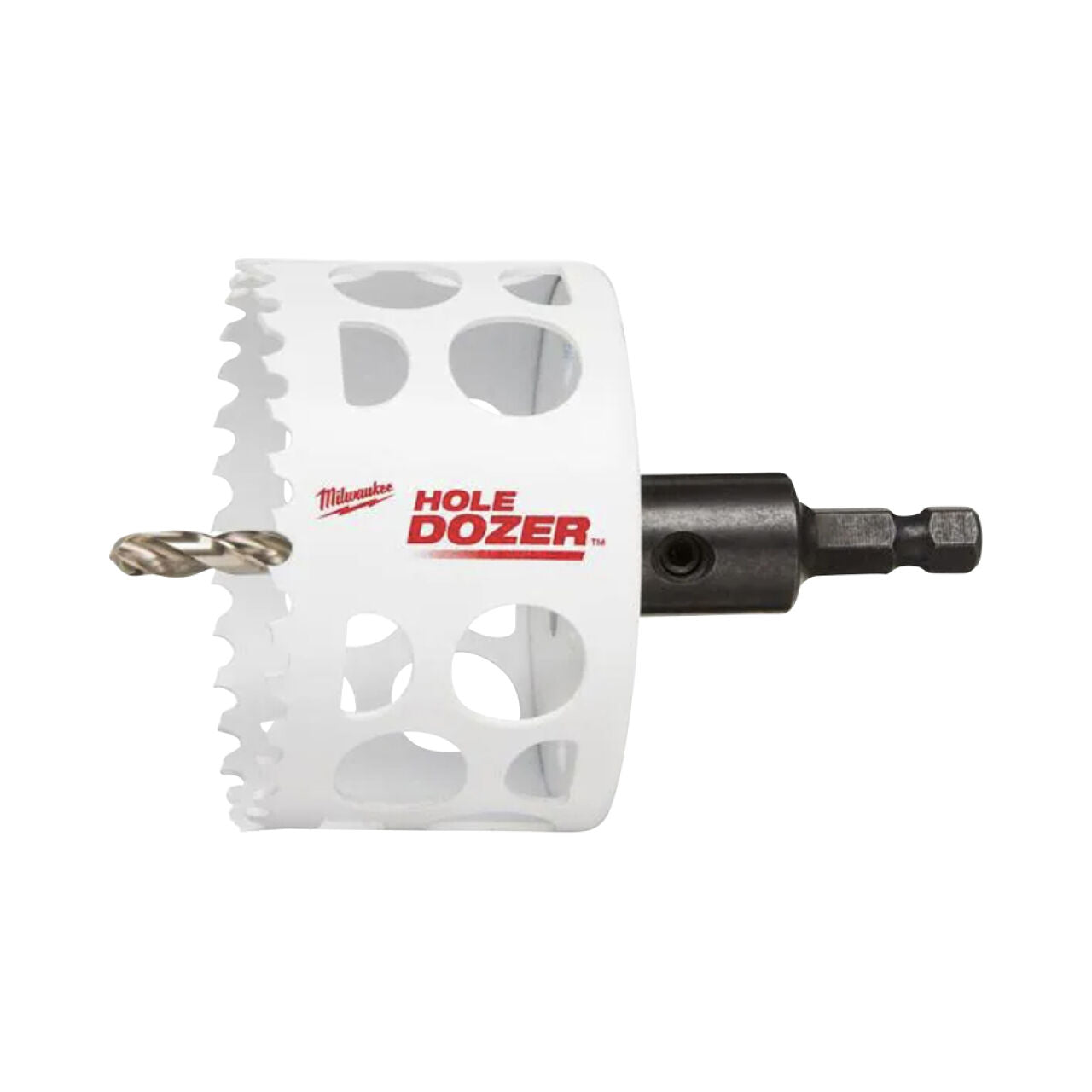 The Go Build 3 in. Hole Dozer Bi-Metal Hole Saw with 3/8 in. arbor & pilot bit features a white serrated blade and is designed for fast, efficient cutting—part of The Fastest Way To Build line.